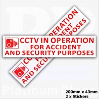 2 x 200x43mm-EXTERNAL RED ON WHITE-CCTV In Operation for Accident and Security Purposes Window Sticker-CCTV Sign-Car,Van,Lorry,Truck,Taxi,Bus,Mini Cab,Minicab-Go Pro,Dashcam 